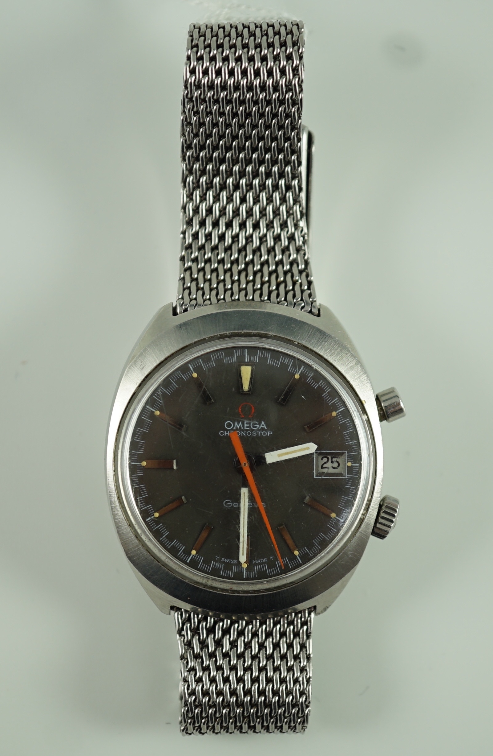A gentleman's 1970's stainless steel Omega Chronostop manual wind wrist watch, on stainless steel Omega mesh link bracelet, case diameter 35mm, no box or papers.
